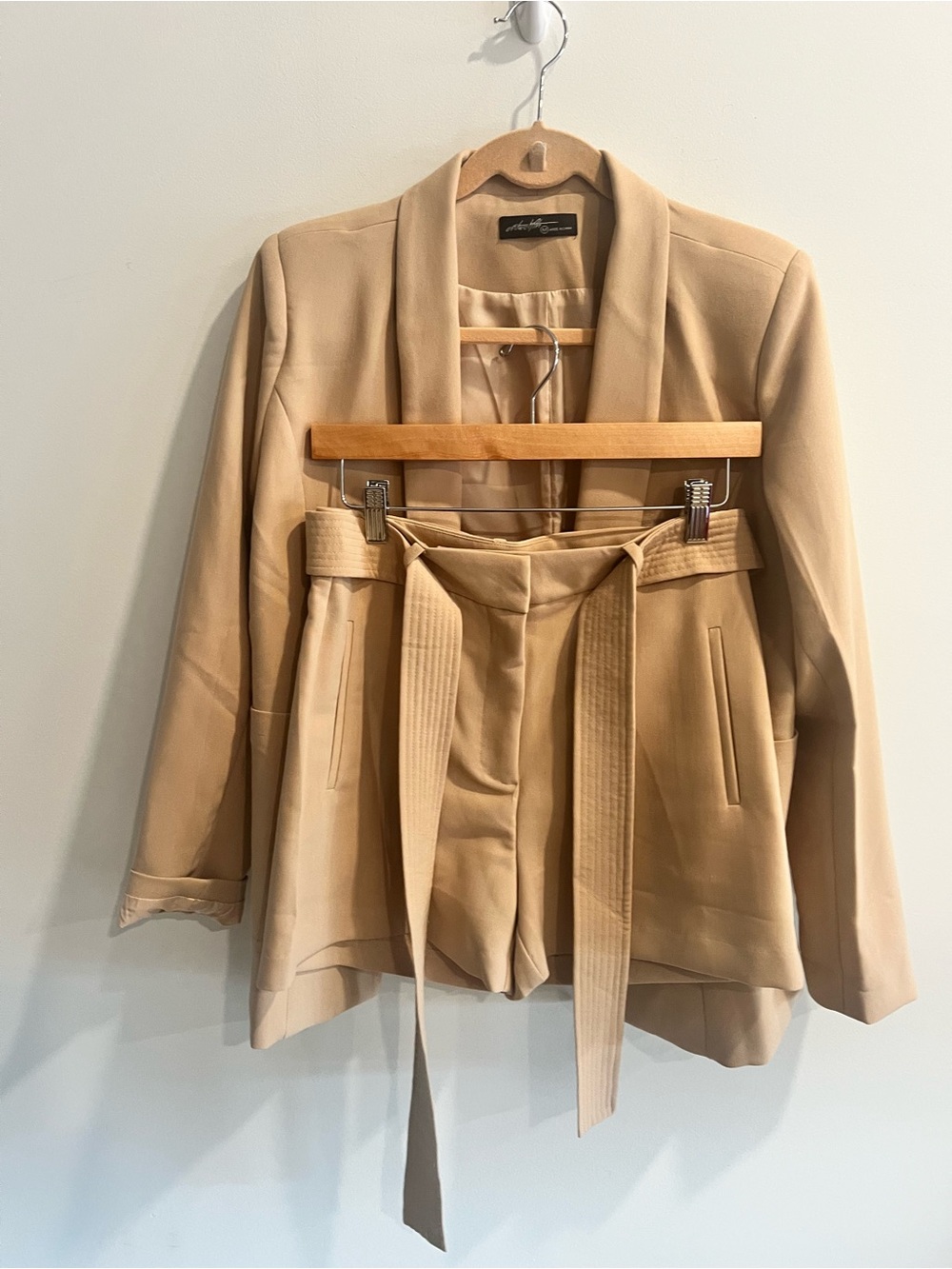 Beige Two-Piece Blazer & Belted Shorts Set